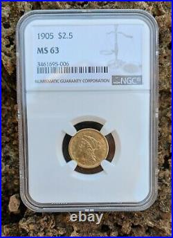 One (1) 1905 Gold Quarter Eagle Graded MS63 by NGC Rare US Coin & Collectible