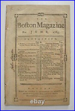 RARE 1785 The Boston Magazine (June)Coins/Gold Value Bowdoin, Governor of Mass