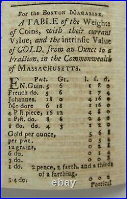 RARE 1785 The Boston Magazine (June)Coins/Gold Value Bowdoin, Governor of Mass