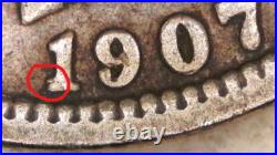 RARE? 1907 Barber Dime AU REPUNCHED DATE Collectable Variety Coin