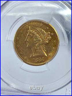 RARE CAC 1884-CC, PCGS, AU 58 $5 Gold Half Eagle Battle Born Nevada Collect