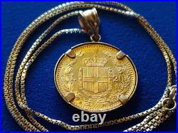 RARE MINT 1882 ITALY. 900 Gold 20 Lire Coin Pendant set on a 19 14K Gold Chain