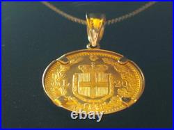 RARE MINT 1882 ITALY. 900 Gold 20 Lire Coin Pendant set on a 19 14K Gold Chain