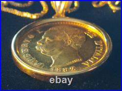 RARE MINT 1882 ITALY. 900 Gold 20 Lire Coin Pendant set on a 19 14K Gold Chain