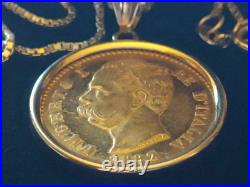 RARE MINT 1882 ITALY. 900 Gold 20 Lire Coin Pendant set on a 19 14K Gold Chain