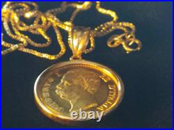 RARE MINT 1882 ITALY. 900 Gold 20 Lire Coin Pendant set on a 19 14K Gold Chain