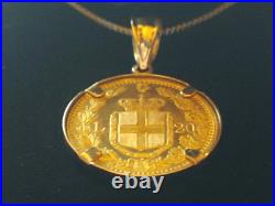 RARE MINT 1882 ITALY. 900 Gold 20 Lire Coin Pendant set on a 19 14K Gold Chain