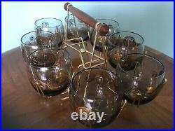 Set 8 Vintage Roly Poly Glasses & Caddy Federal Gold Coin MAD MEN Mid Century