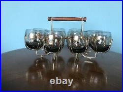 Set 8 Vintage Roly Poly Glasses & Caddy Federal Gold Coin MAD MEN Mid Century