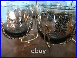 Set 8 Vintage Roly Poly Glasses & Caddy Federal Gold Coin MAD MEN Mid Century