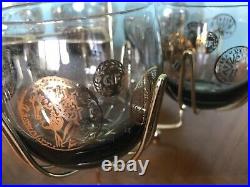 Set 8 Vintage Roly Poly Glasses & Caddy Federal Gold Coin MAD MEN Mid Century