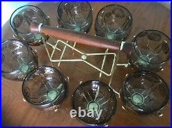 Set 8 Vintage Roly Poly Glasses & Caddy Federal Gold Coin MAD MEN Mid Century