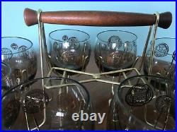 Set 8 Vintage Roly Poly Glasses & Caddy Federal Gold Coin MAD MEN Mid Century