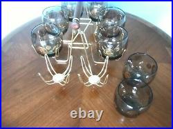Set 8 Vintage Roly Poly Glasses & Caddy Federal Gold Coin MAD MEN Mid Century