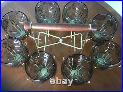 Set 8 Vintage Roly Poly Glasses & Caddy Federal Gold Coin MAD MEN Mid Century