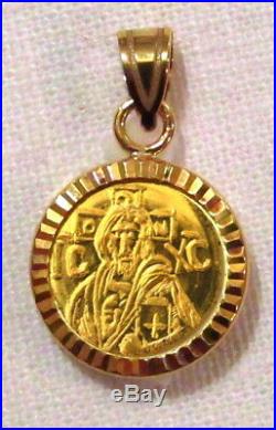 Solid 22K Gold Christ Coin Byzantine Icon Pendant 14K Diamond cut Bezel