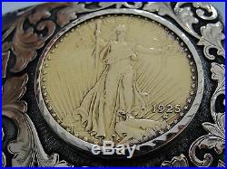 Sterling / 14k Boyd-Reno HE Buckle With 1925 $20 Double Eagle Gold Coin #BX5-GBB4