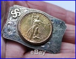 Sterling 14k Gold Swastika Double Eagle $20 Gold Coin Western Buckle c. 1930s