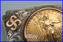 Sterling 14k Gold Swastika Double Eagle $20 Gold Coin Western Buckle c. 1930s