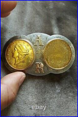 Sterling Silver Buckle $20 Liberty 1889, 1902 Gold Coin 14k AR initials