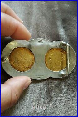 Sterling Silver Buckle $20 Liberty 1889, 1902 Gold Coin 14k AR initials