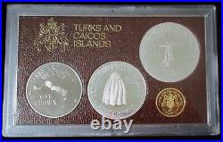 Turks and Caicos 1976 4 Silver and Gold Proof Coin Set in Original Box CoA