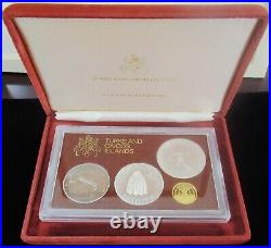Turks and Caicos 1976 4 Silver and Gold Proof Coin Set in Original Box CoA