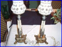 Two RARE VINTAGE FENTON COIN DOT LAMPS WITH A GOLD DESIGN RUFFLED TOPS