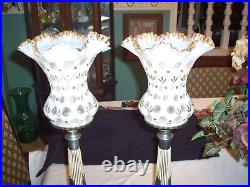 Two RARE VINTAGE FENTON COIN DOT LAMPS WITH A GOLD DESIGN RUFFLED TOPS
