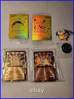 Ultra Premium Collections Gold Charizard and Pikachu Cards withpin and coin