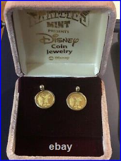 VTG Disney 24k/. 999 Gold Coin Earrings Steamboat Willie /60 yrs w Mickey Mouse