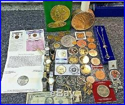 Vintage Junk Drawer Dealer Lot Medals, Watches, Jewelery, Coins, $20 Gold Decant