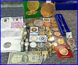 Vintage Junk Drawer Dealer Lot Medals, Watches, Jewelery, Coins, $20 Gold Decant