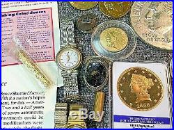 Vintage Junk Drawer Dealer Lot Medals, Watches, Jewelery, Coins, $20 Gold Decant