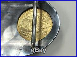 Vintage Sterling Silver Belt Buckle with $20 1924 gold Coin, 14k overlay signed