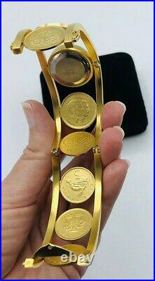 Vintage The Franklin Mint Golden Caribbean Coin Watch 22k Gold Plated With Box