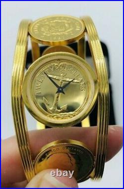 Vintage The Franklin Mint Golden Caribbean Coin Watch 22k Gold Plated With Box