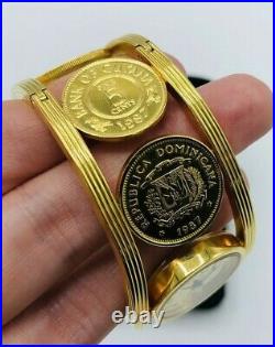 Vintage The Franklin Mint Golden Caribbean Coin Watch 22k Gold Plated With Box
