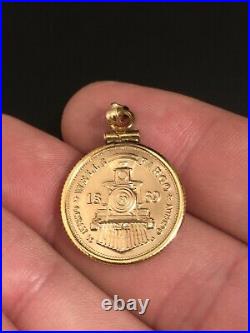 Vintage WELLS FARGO & CO. Commemorative 14k GOLD COIN Pendant STAGECOACH & RAIL